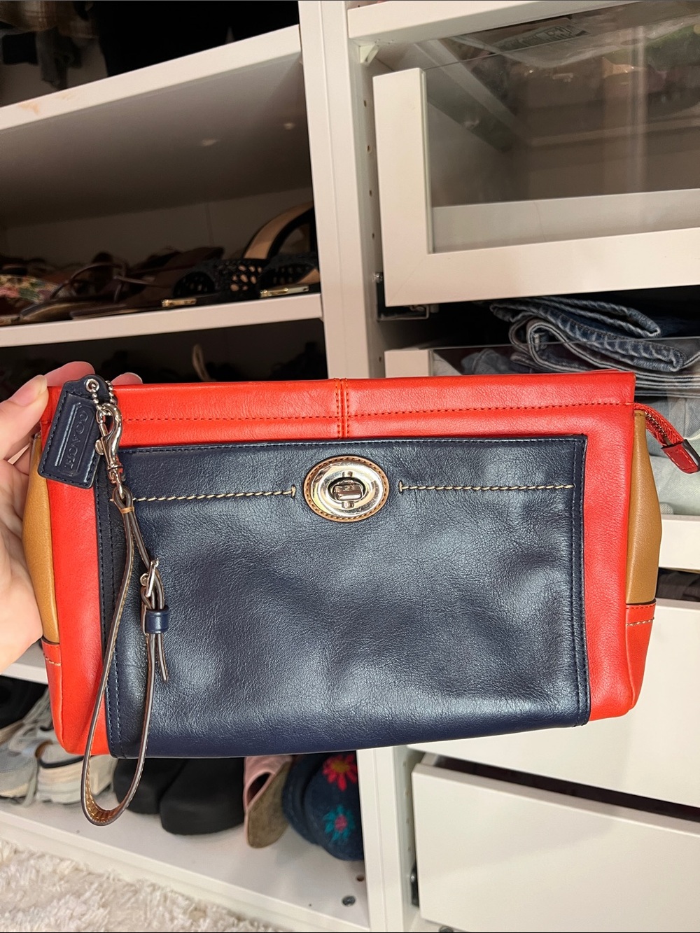 Coach Colorblock Leather Wristlet - Navy, Red & Tan